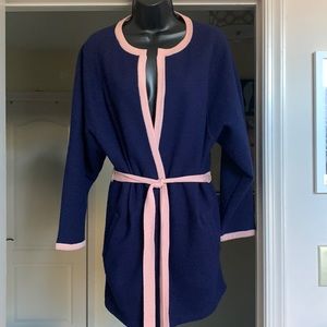 Wool Boden navy and blush wrap sweater coat.